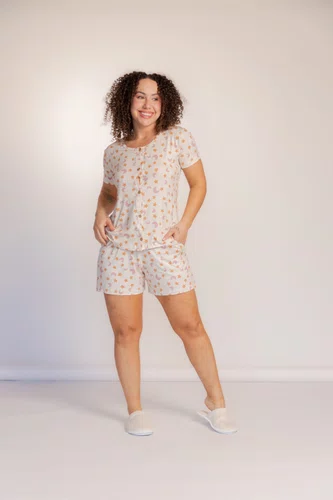 Pijama Feminino Visco Lycra  Blusa Aberta Bermuda com bolso