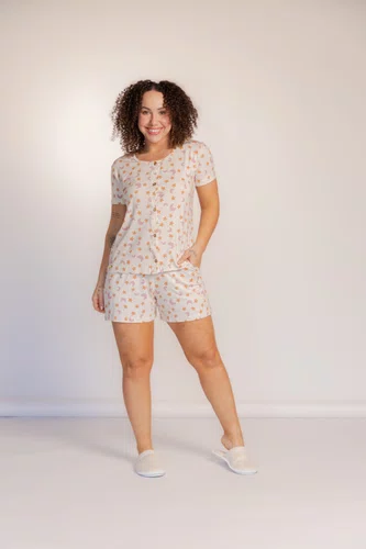 Pijama Feminino Visco Lycra  Blusa Aberta Bermuda com bolso