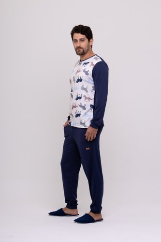 Pijama Masculino Suede Estampa de Cavalos tamanho do P ao GG