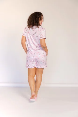 Pijama Curto Americano Estampado Romantic Rosa Tamanho do P ao GG
