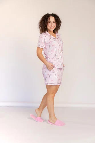 Pijama Curto Americano Estampado Romantic Rosa Tamanho do P ao GG