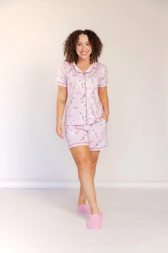 Pijama Curto Americano Estampado Romantic Rosa Tamanho do P ao GG