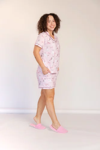 Pijama Curto Americano Estampado Romantic Rosa Tamanho do P ao GG
