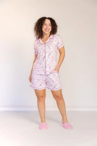 Pijama Curto Americano Estampado Romantic Rosa Tamanho do P ao GG