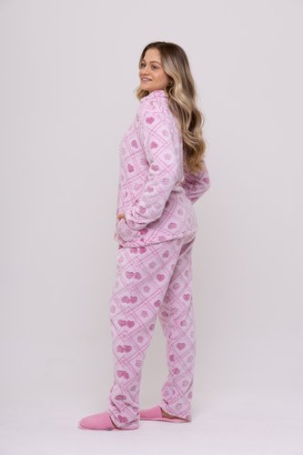 Pijama Estampado Blusa Aberta com Bolso Feminino Fleece