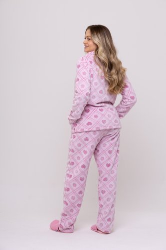 Pijama Estampado Blusa Aberta com Bolso Feminino Fleece