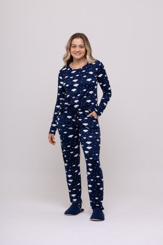 Pijama Feminino Estampado com Bolso Suede