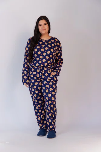 Pijama Feminino Estampado com Bolso Suede Plus Size G1 ao G3