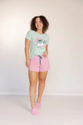 Pijama Feminino Manga Curta Azul Estampado Tamanho do P ao GG