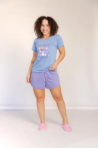 Pijama Feminino Manga Curta Azul Estampado Tamanho do P ao GG