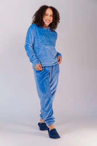 Pijama Fleece Feminino com Capuz e Bolso do P ao GG (Opção casal em algumas cores)