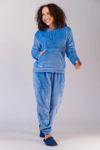 Pijama Fleece Feminino com Capuz e Bolso do P ao GG (Opção casal em algumas cores)