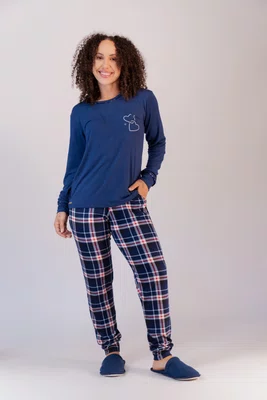 Pijama Feminino Suede Calça Xadrez P ao GG