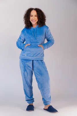Pijama Fleece Feminino com Capuz e Bolso do P ao GG (Opção casal em algumas cores)